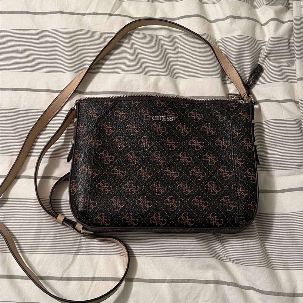 Guess Monogram Black and Tan Shoulder Bag